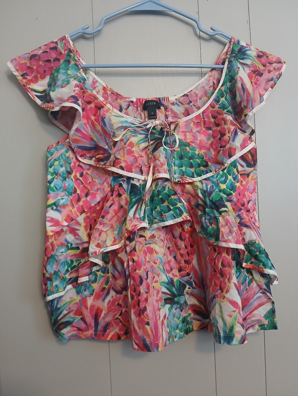 J. Crew Multicolor Pink & Green Floral Ruffle Blouse